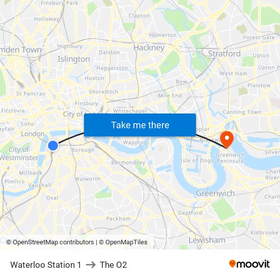Waterloo Station 1, Waterloo to The O2 map
