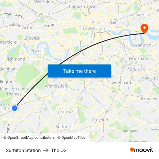 Surbiton Station to The O2 map