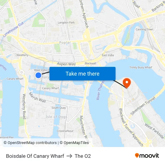 Boisdale Of Canary Wharf to The O2 map