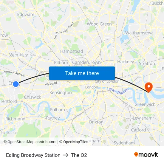Ealing Broadway Station to The O2 map
