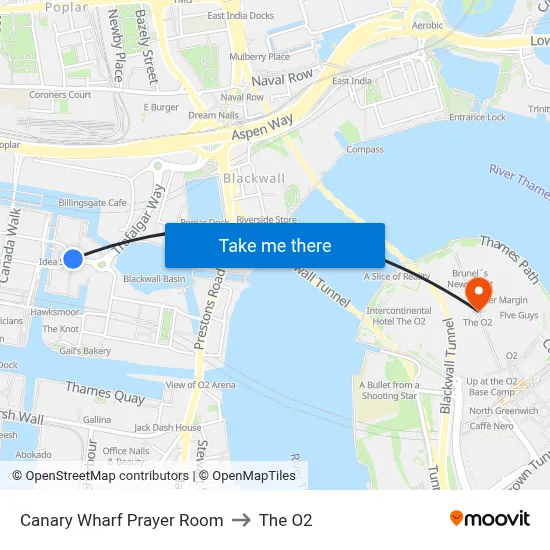 Canary Wharf Prayer Room to The O2 map