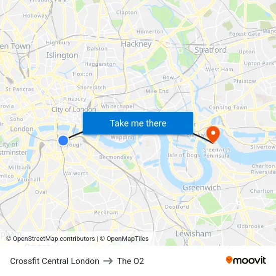 Crossfit Central London to The O2 map