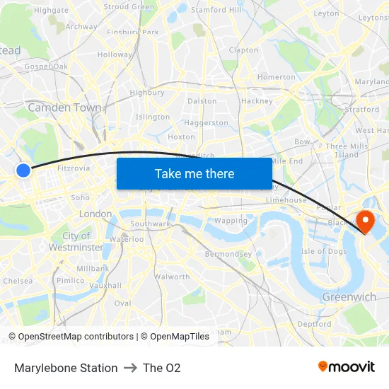 Marylebone Station to The O2 map