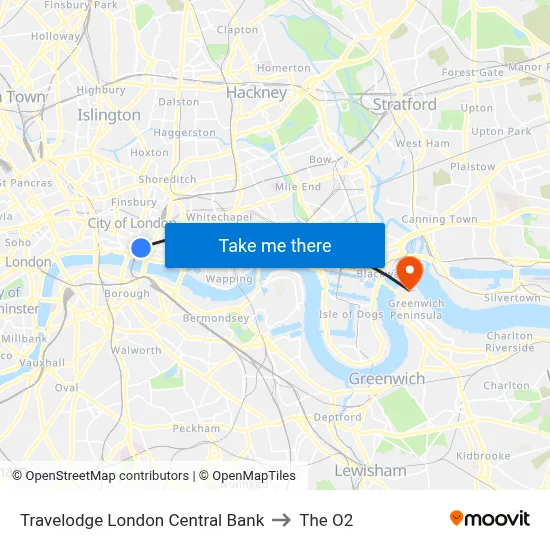 Travelodge London Central Bank to The O2 map