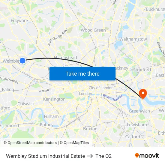 Wembley Stadium Industrial Estate to The O2 map