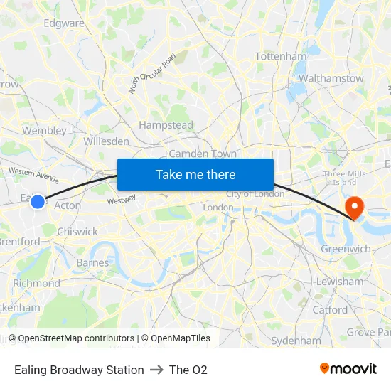 Ealing Broadway Station to The O2 map