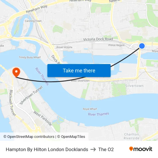 Hampton By Hilton London Docklands to The O2 map