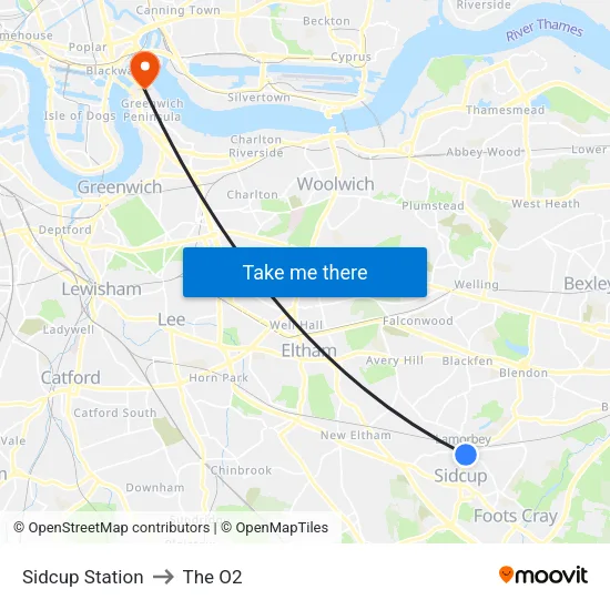 Sidcup Station to The O2 map