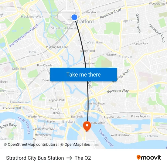 Stratford City Bus Station to The O2 map