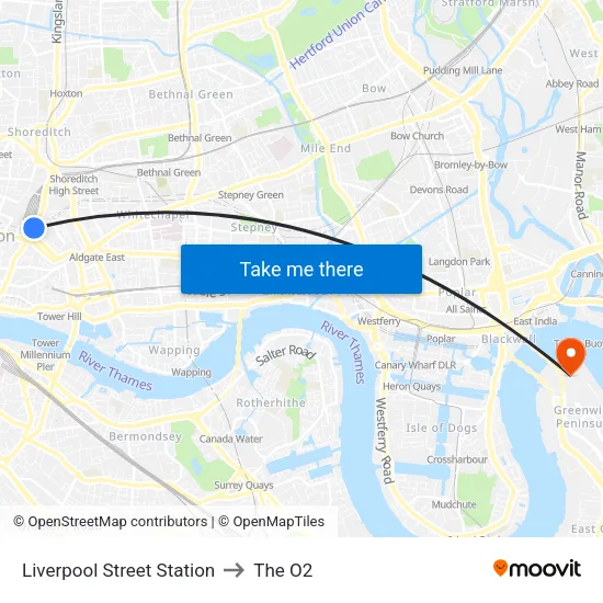 Liverpool Street Station to The O2 map