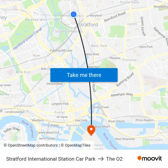 Stratford International Station Car Park to The O2 map