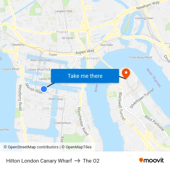 Hilton London Canary Wharf to The O2 map