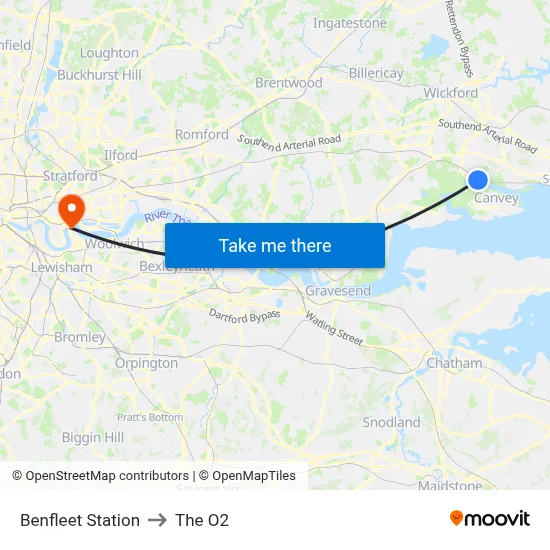 Benfleet Station to The O2 map