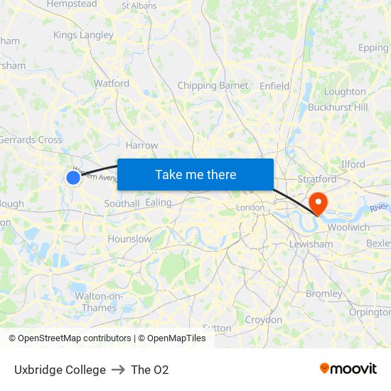 Uxbridge College to The O2 map