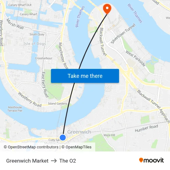 Greenwich Market to The O2 map