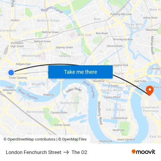 London Fenchurch Street to The O2 map