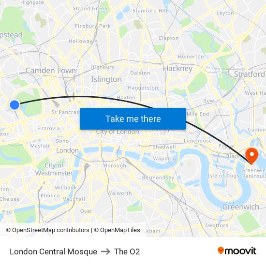 London Central Mosque to The O2 map