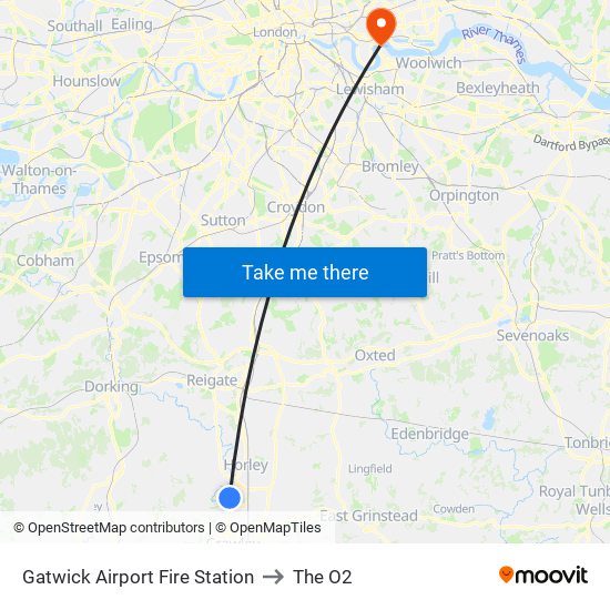 Gatwick Airport Fire Station to The O2 map