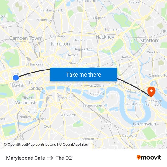 Marylebone Cafe to The O2 map