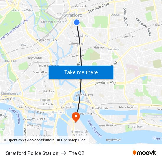 Stratford Police Station to The O2 map