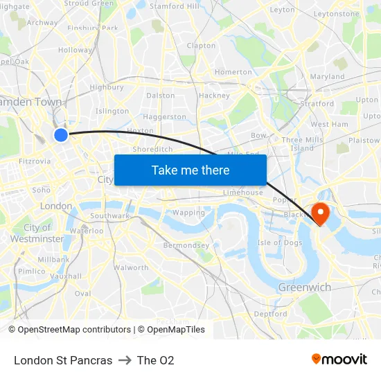 London St Pancras to The O2 map
