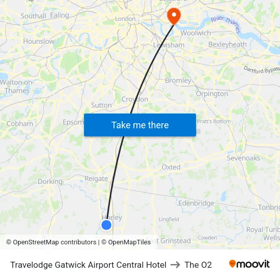 Travelodge Gatwick Airport Central Hotel to The O2 map