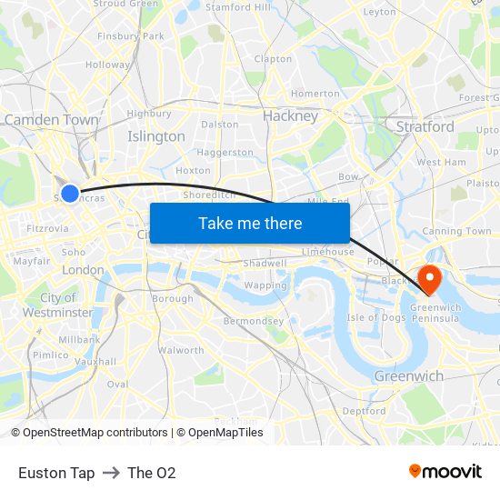 Euston Tap to The O2 map