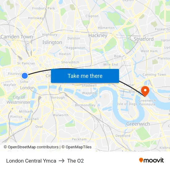 London Central Ymca to The O2 map