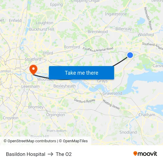Basildon Hospital to The O2 map
