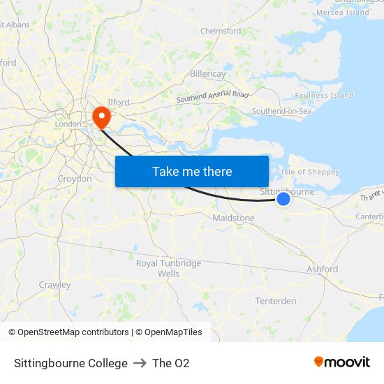 Sittingbourne College to The O2 map