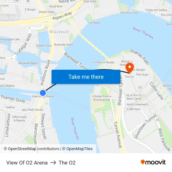 View Of O2 Arena to The O2 map