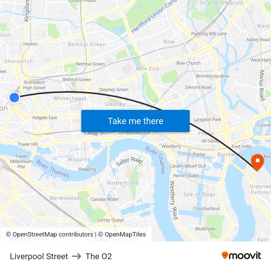 Liverpool Street to The O2 map