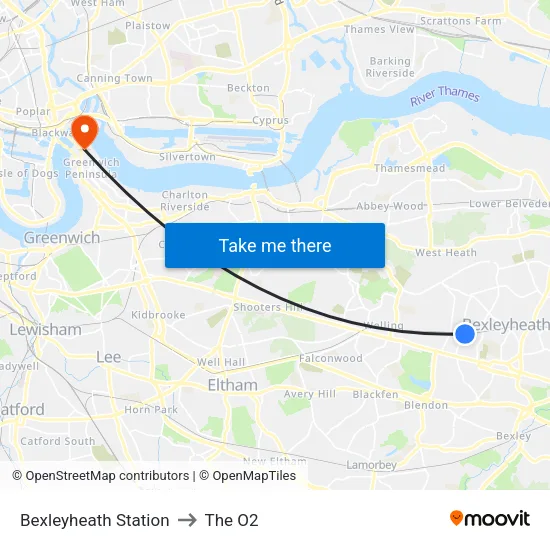Bexleyheath Station to The O2 map