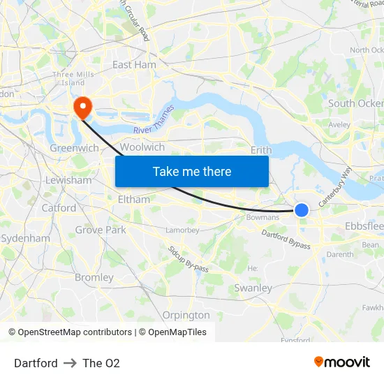 Dartford to The O2 map