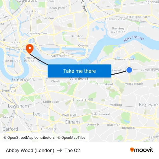 Abbey Wood (London) to The O2 map