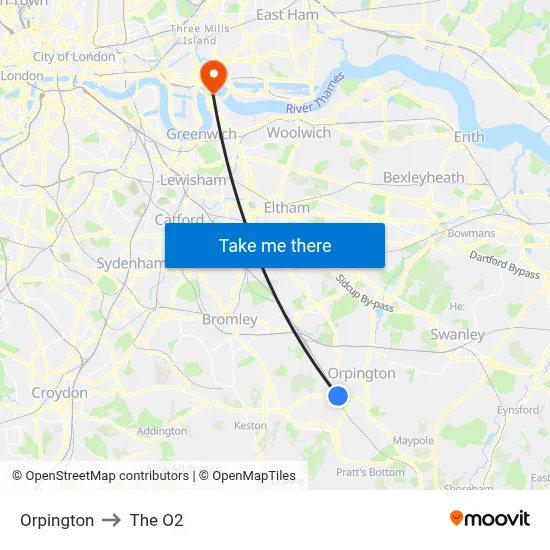 Orpington to The O2 map