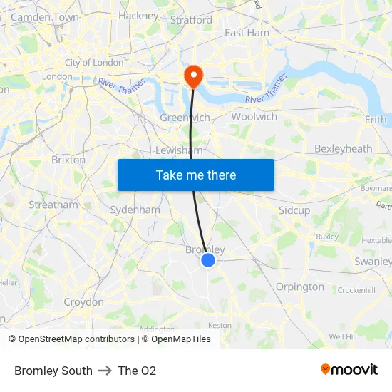 Bromley South to The O2 map