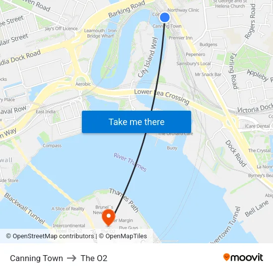 Canning Town to The O2 map