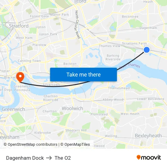 Dagenham Dock to The O2 map