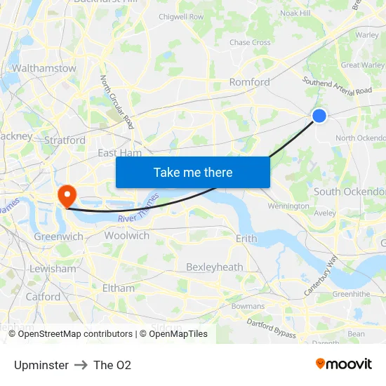 Upminster to The O2 map