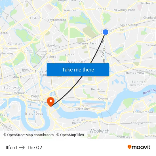 Ilford to The O2 map