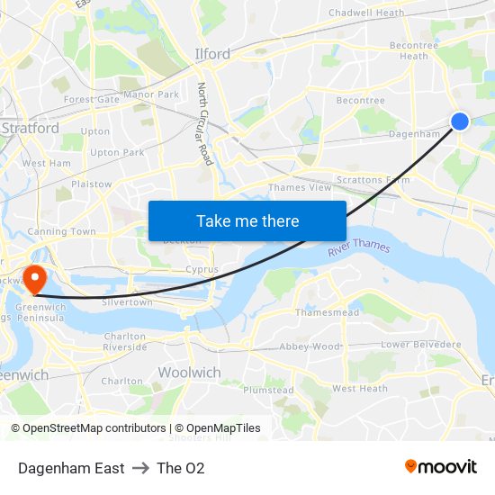 Dagenham East to The O2 map