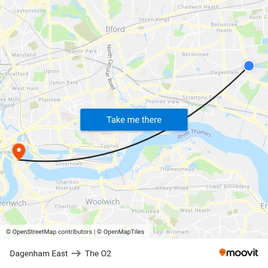 Dagenham East to The O2 map