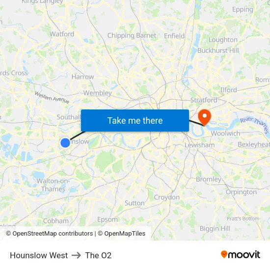 Hounslow West to The O2 map
