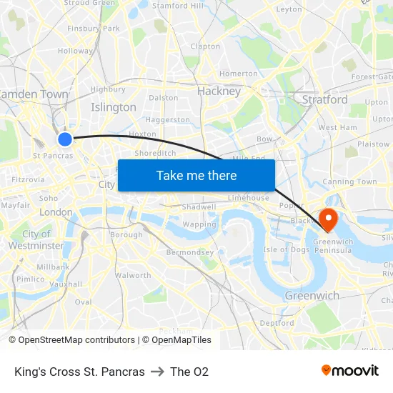 King's Cross St. Pancras to The O2 map