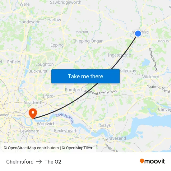 Chelmsford to The O2 map