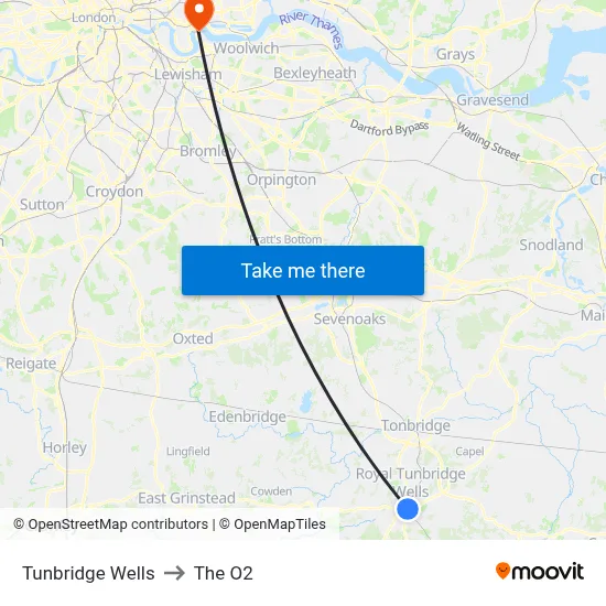 Tunbridge Wells to The O2 map