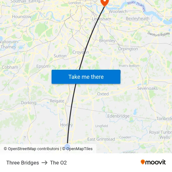 Three Bridges to The O2 map