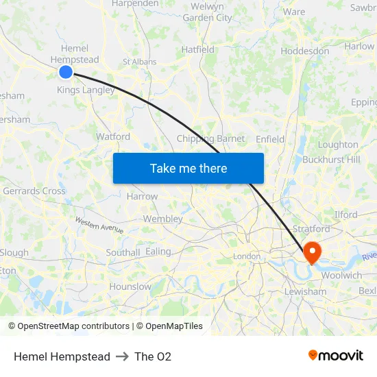 Hemel Hempstead to The O2 map