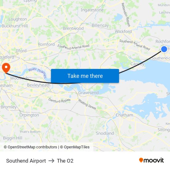 Southend Airport to The O2 map